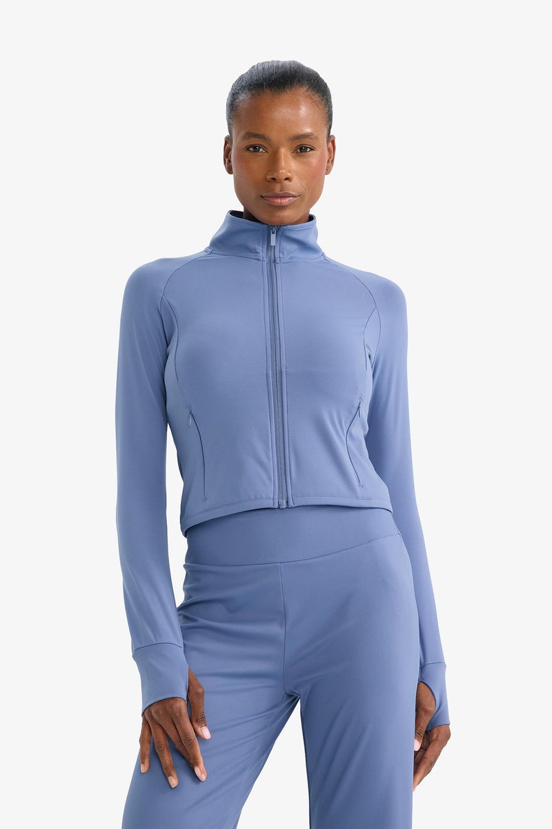 DeFacto Blue Woman Slim Fit Soft Fleece Lined Long Sleeves Sports Zip Up Sweatshirt Casual - Image 4